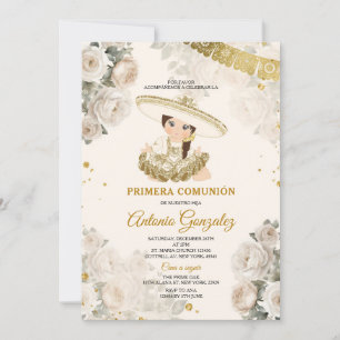 Cute Girl Gold White Cream Flower Primera Comunión Invitation