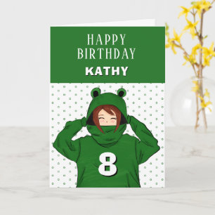 Cute Girl Green Frog Hoodie Drawing Birthday   Card