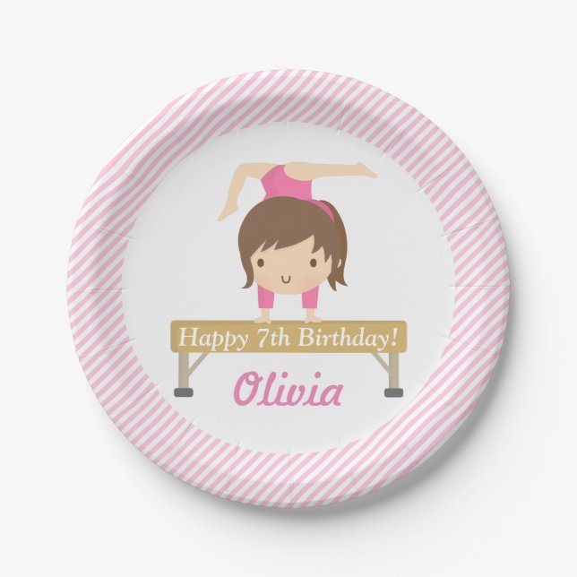Cute Girl Gymnastics Kids Birthday Party Supplies Paper Plate (Front)