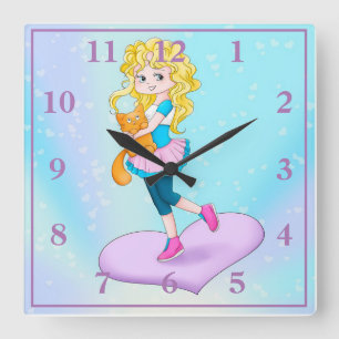 Cute Girl Holding Cat Square Wall Clock