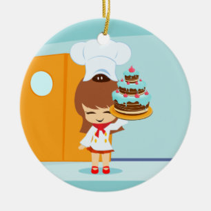 Cute Girl holding Chocolate Birthday Cake Ceramic Ornament