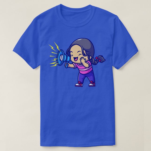 Cute Girl Holding Megaphone Cartoon T-Shirt (Design Front)