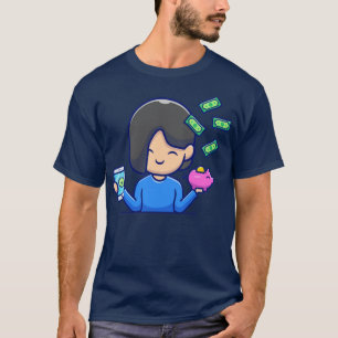 Cute Girl Holding Phone And Piggy Bank With Money T-Shirt