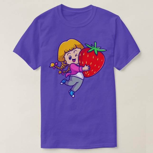 Cute Girl Holding Strawberry Cartoon T-Shirt (Design Front)