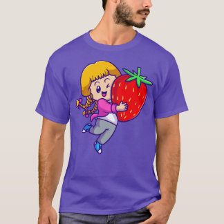 Cute Girl Holding Strawberry Cartoon T-Shirt