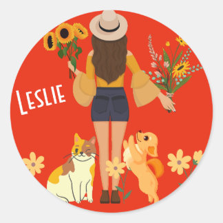 Cute girl holding sunflowers Cat & Dog Classic Round Sticker
