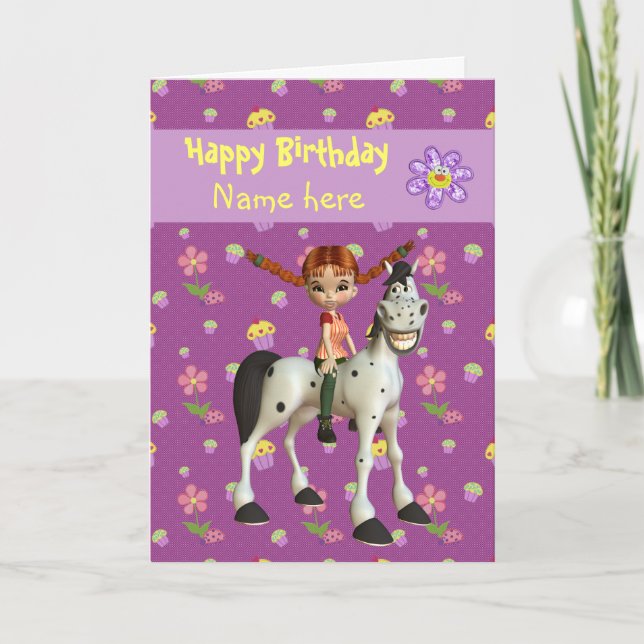 Cute Girl, Horse & Flowers Personalised Birthday Card (Front)