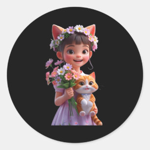 Cute girl hugging a cat fanny unisex design men classic round sticker