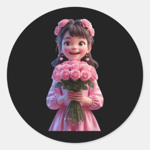Cute Girl Hugging a Flowers Funny Unisex Design Classic Round Sticker