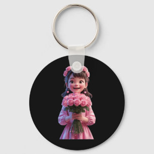 Cute Girl Hugging a Flowers Funny Unisex Design Key Ring