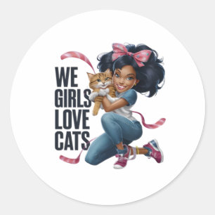 Cute Girl Hugging Ginger Cat Classic Round Sticker