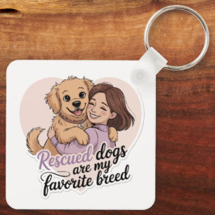 Cute Girl Hugging Rescue Dog Kawaii Illustration   Key Ring
