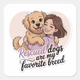 Cute Girl Hugging Rescue Dog Kawaii Illustration Square Sticker