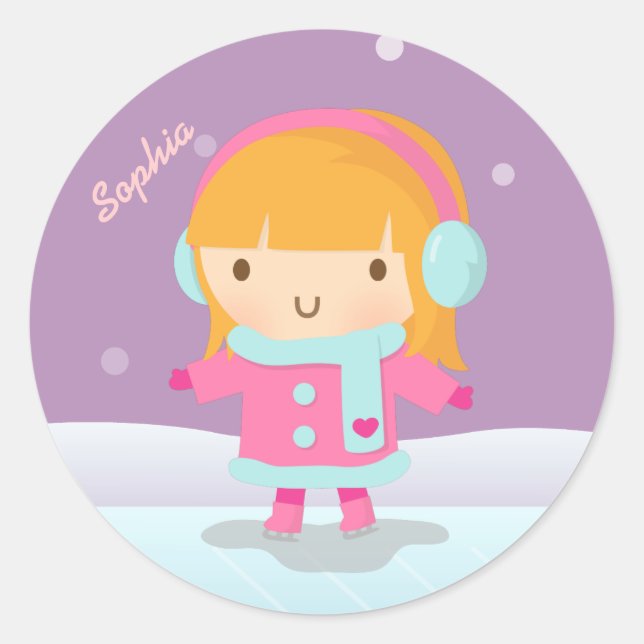 Cute Girl Ice Skater For Kids Classic Round Sticker (Front)