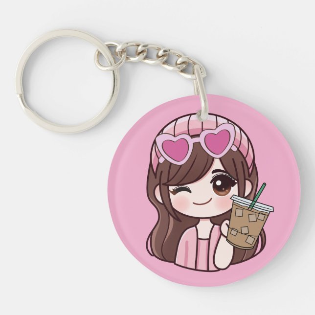 Cute Girl Iced Coffee Keychain (Front)
