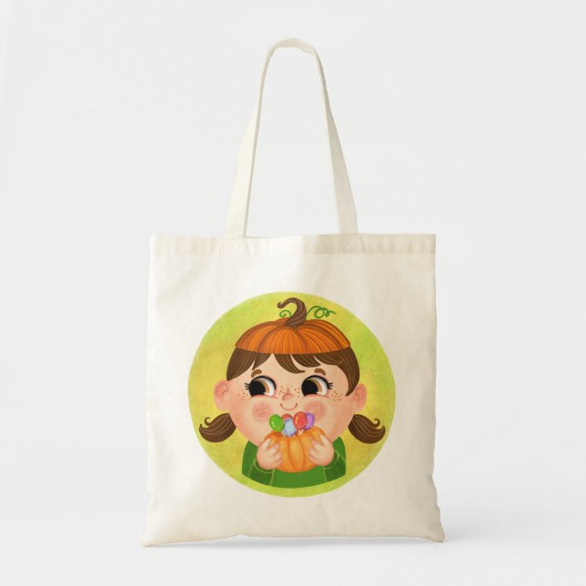 Cute girl in a Pumpkin Halloween costume Tote Bag (Front)