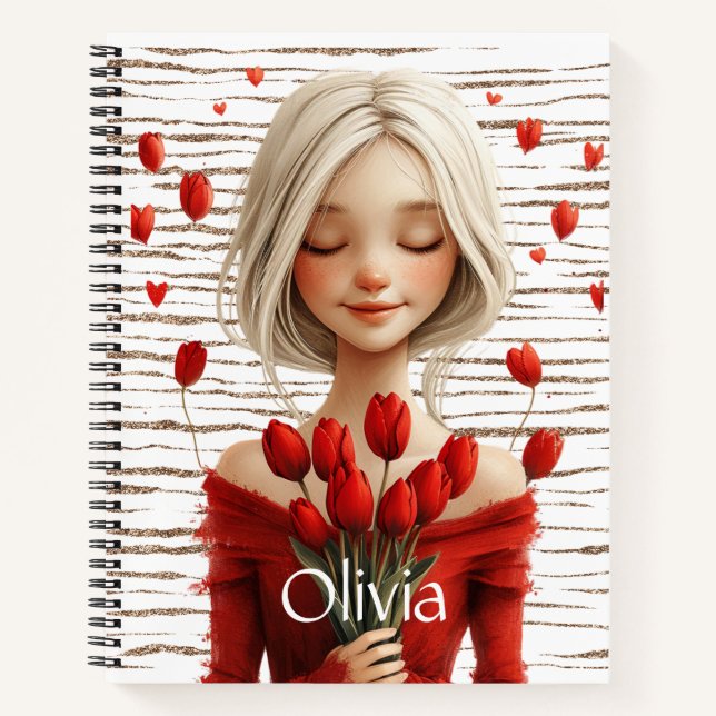 Cute girl in a red dress with tulips notebook (Front)