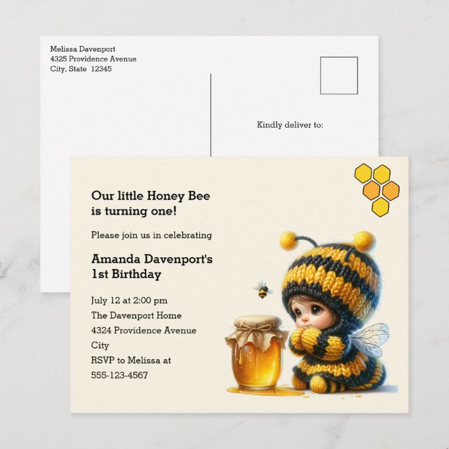 Cute Girl in Bee Costume with Honey Birthday Invitation Postcard (Front/Back)