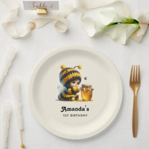 Cute Girl in Bee Costume with Honey Birthday Paper Plate