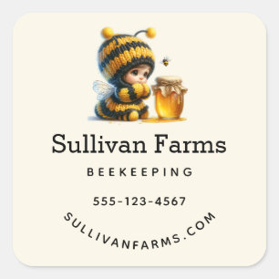 Cute Girl in Bee Costume with Honey Business Square Sticker