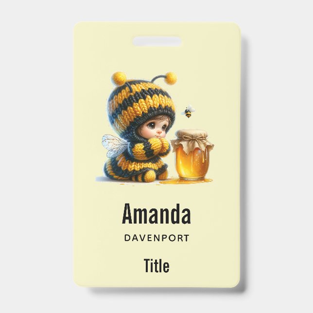 Cute Girl in Bee Costume with Honey ID Badge (Front)