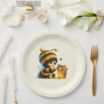 Cute Girl in Bee Costume with Honey Paper Plate<br><div class="desc">Paper plates with a cute image. A girl in a crocheted bee costume with a bee by her side. Watching over a jar of honey.</div>