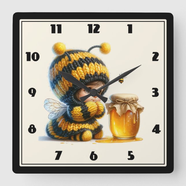 Cute Girl in Bee Costume with Honey Square Wall Clock (Front)