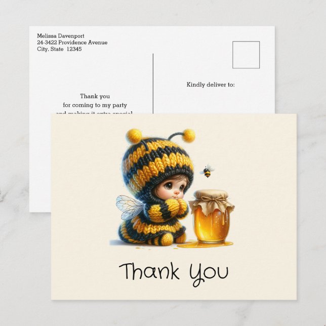 Cute Girl in Bee Costume with Honey Thank You Postcard (Front/Back)