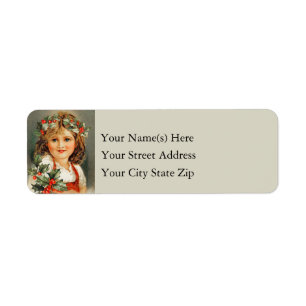 Cute Girl In Christmas Dress With Holly Vintage Return Address Label