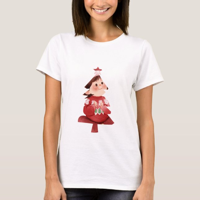 Cute Girl in Christmas Tree Hat   T-Shirt (Front)