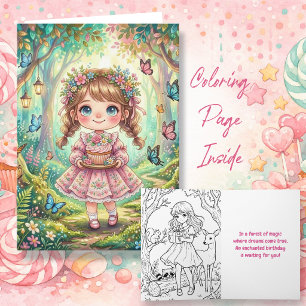 Cute Girl in Enchanted Forest Birthday   Colour Me Card