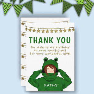 Cute Girl in Green Frog Hoody Stars Birthday  Thank You Card
