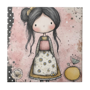 Cute Girl in Pink with Daisy Print Dress Ceramic Tile