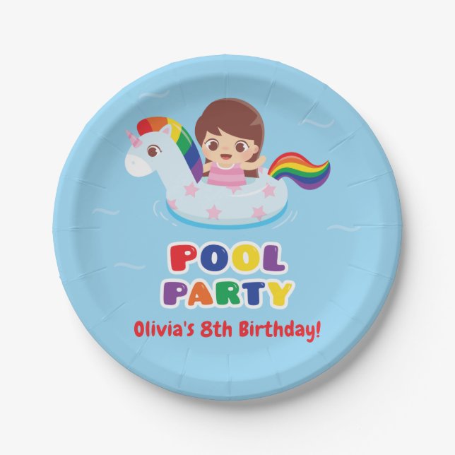 Cute Girl in Unicorn Float Kids Party Supplies Paper Plate (Front)