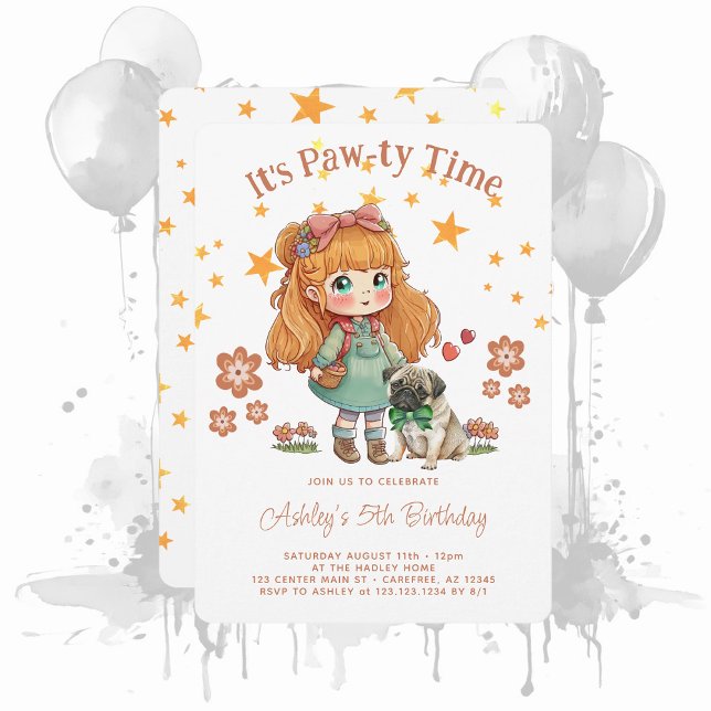Cute Girl It's Pawty Time Birthday Invitation (Creator Uploaded)