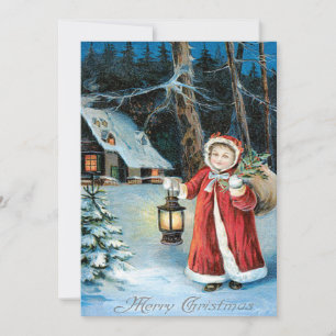 Cute Girl Lantern Holly Winter Cottage Invitation