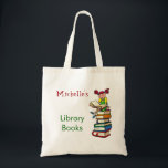 Cute Girl Library Book Bag Custom Name<br><div class="desc">This bag features an image of a girl sitting on a stack of library books. Customise it with a name on the top.</div>