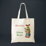 Cute Girl Library Book Bag Custom Name<br><div class="desc">This bag features an image of a girl sitting on a stack of library books. Customise it with a name on the top.</div>