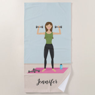 Cute Girl Lifting Weights & Custom Name Fitness Beach Towel