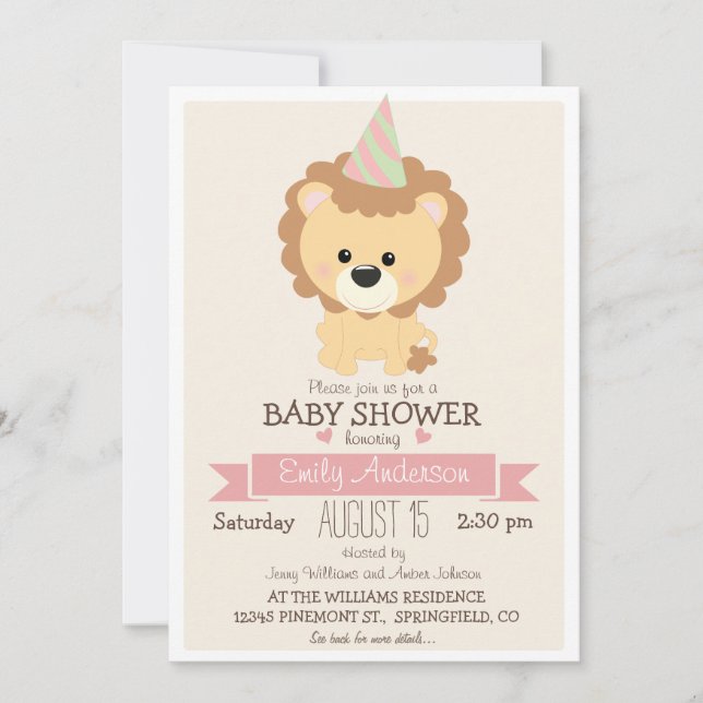 Cute Girl Lion, Jungle Zoo Animal Baby Shower Invitation (Front)