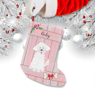 Cute Girl Maltese Pink Wooden Fence Monogram Small Christmas Stocking