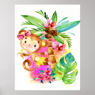 Cute Girl Monkey Climbing Tree Poster