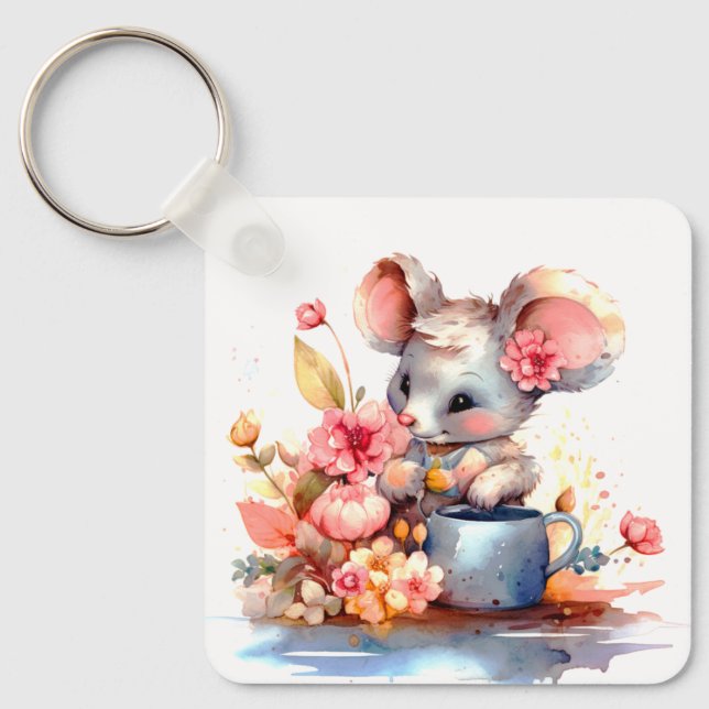CUTE GIRL MOUSE WITH COLORFUL FLOWERS MOTIVATIONAL KEY RING (Front)