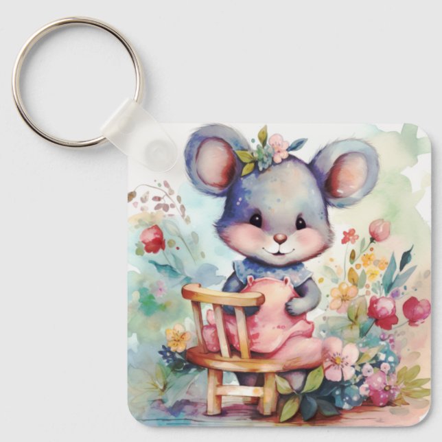 CUTE GIRL  MOUSE WITH FLOWERS NURSERY MOTIVATONAL KEY RING (Front)