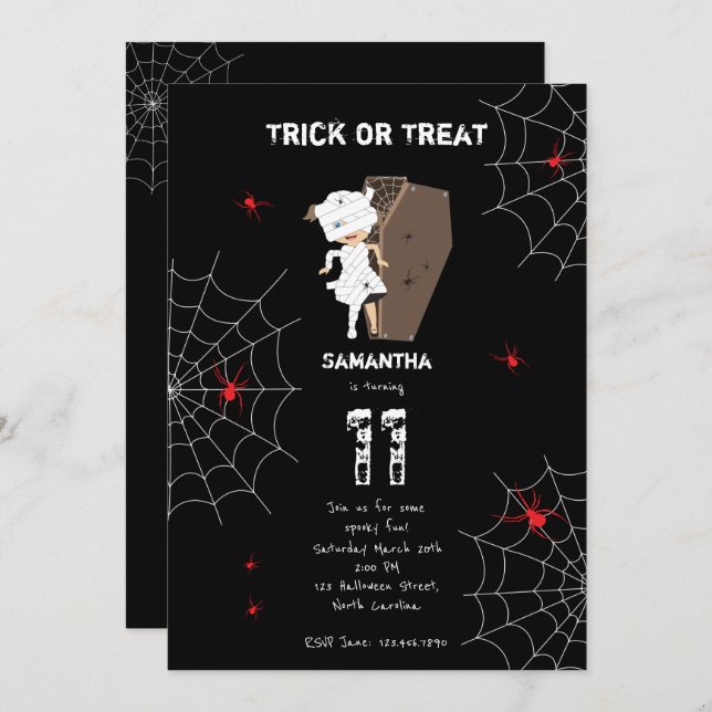 Cute Girl Mummy Coffin Girl Halloween Birthday Invitation (Front/Back)
