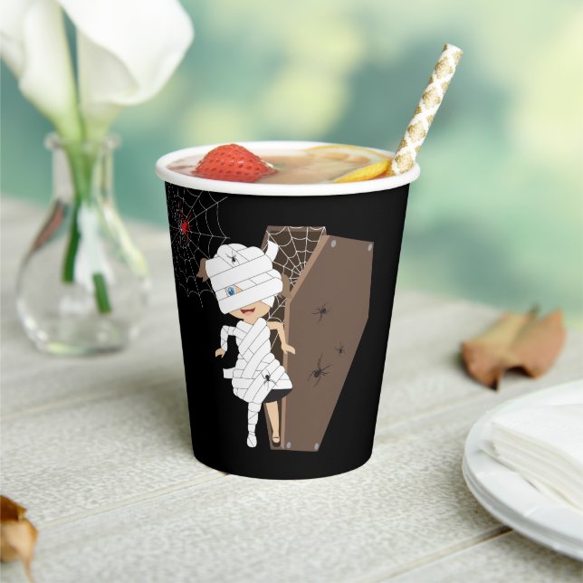 Cute Girl Mummy Coffin Halloween Birthday Party Paper Cups (Insitu)