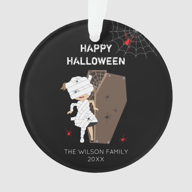 Cute Girl Mummy Coffin Halloween Family & Year Ornament (Front)