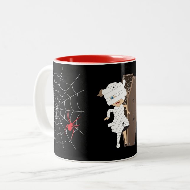 Cute Girl Mummy Coffin Halloween Two-Tone Coffee Mug (Front Left)
