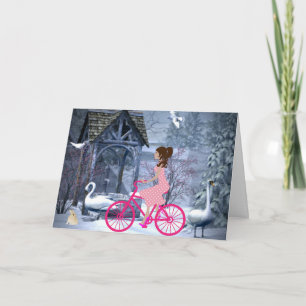 Cute Girl On A Pink Bicycle Winter Card