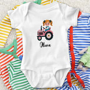 Cute Girl on Pink Tractor Personalised Baby Bodysuit